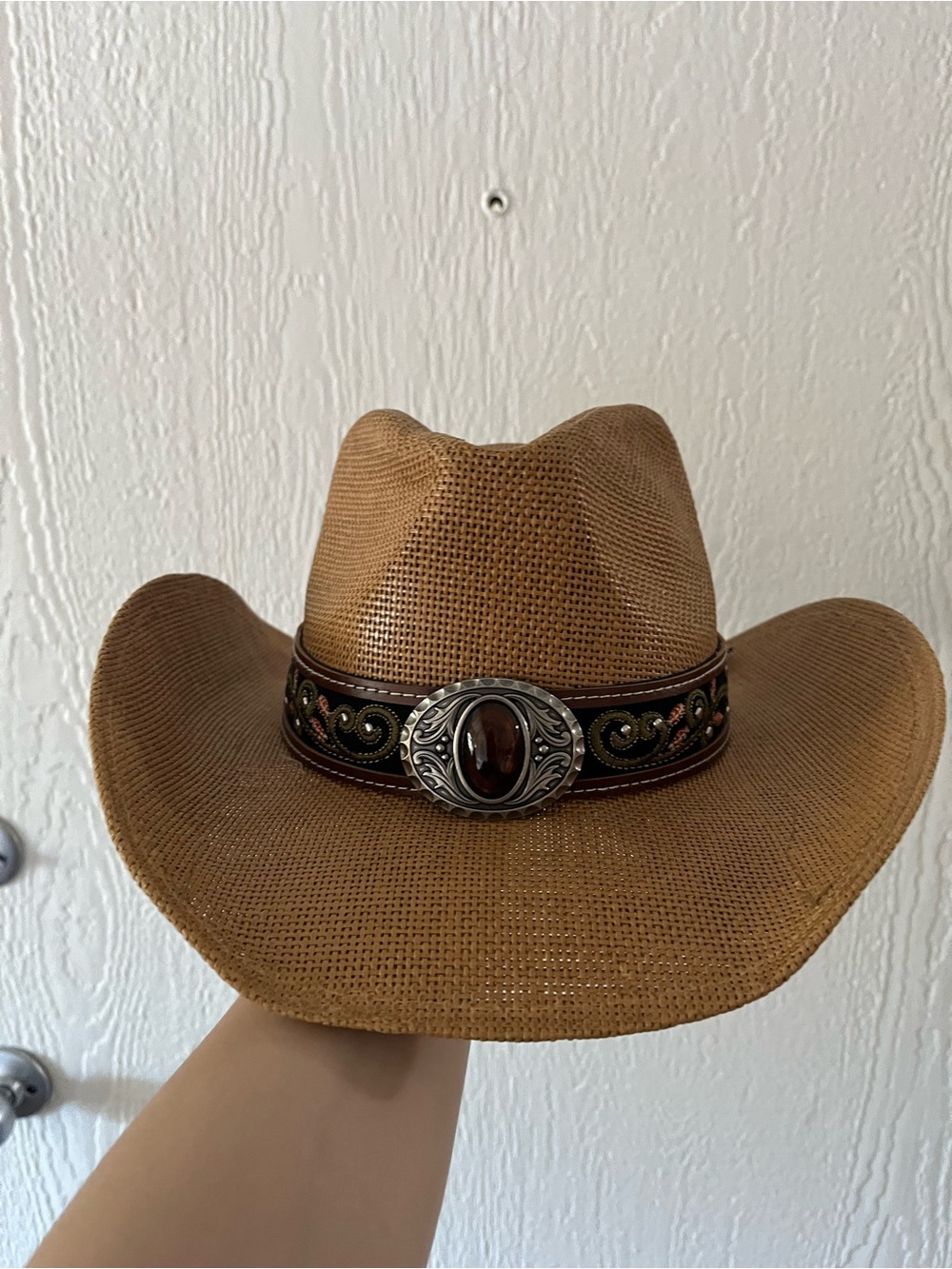 Embellished Straw Cowboy Hat with Ornate Concho